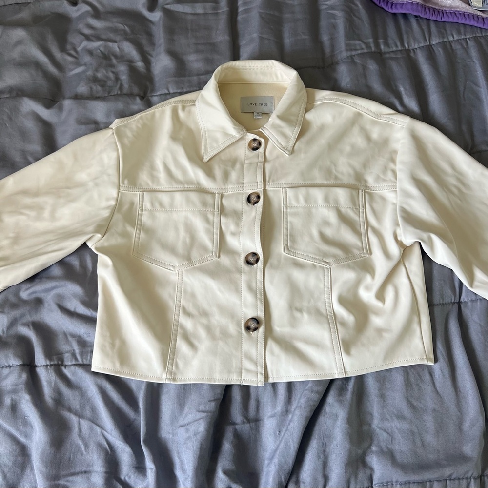 Cream White Leather Crop Jacket